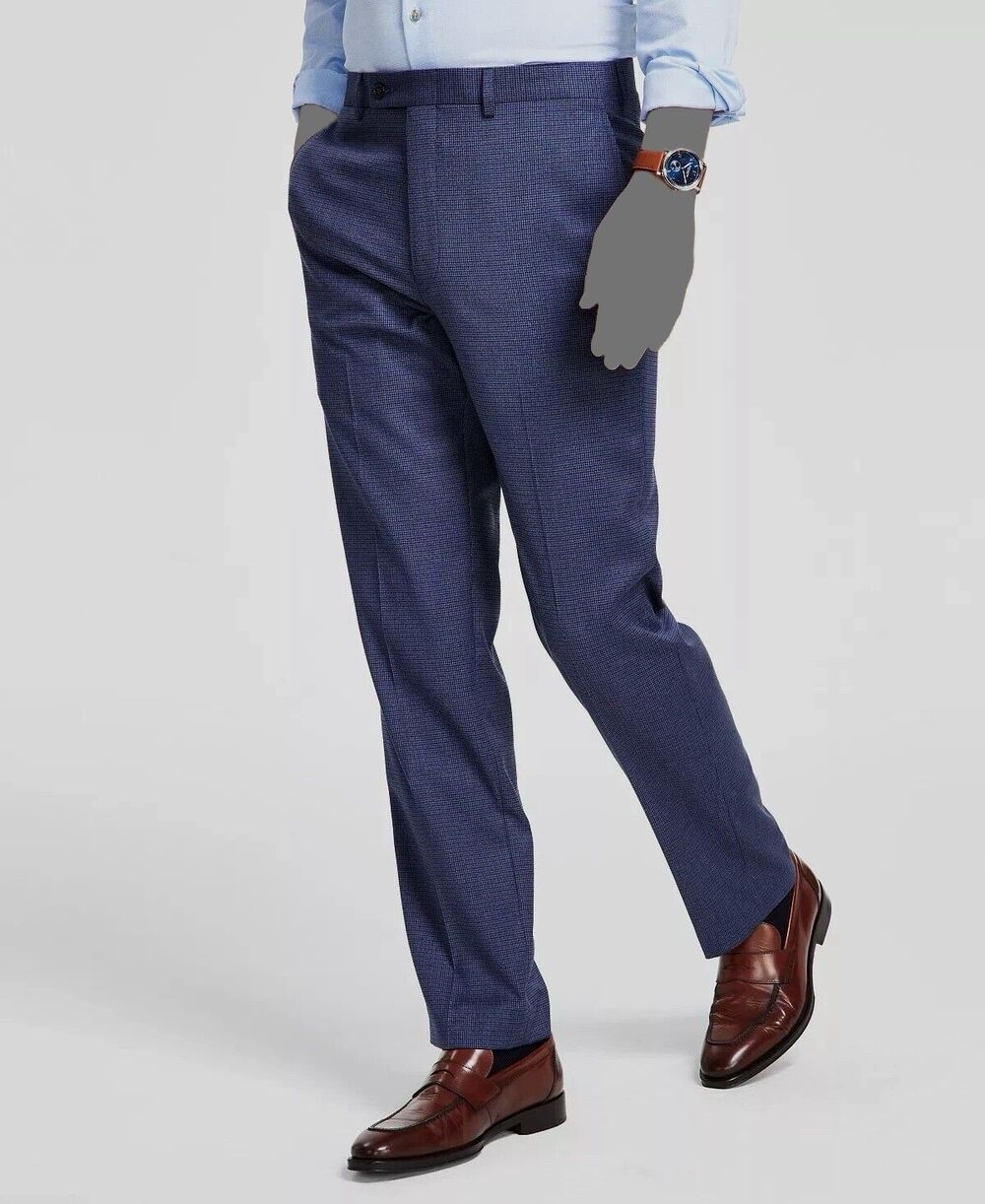 NWT $95 Ralph Lauren Norton Ultraflex Blue Check Flat Front Pants Men 38x30 (B1)